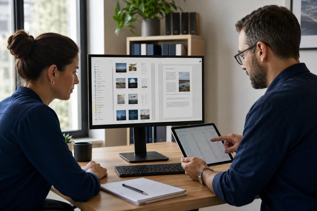Employee checks restored documents while an IT specialist compares the file list.