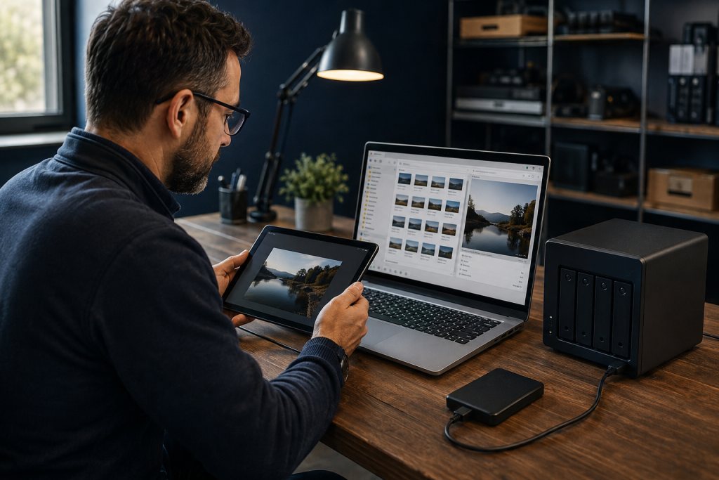 Specialist compares restored files on a laptop with a tablet beside a backup appliance.