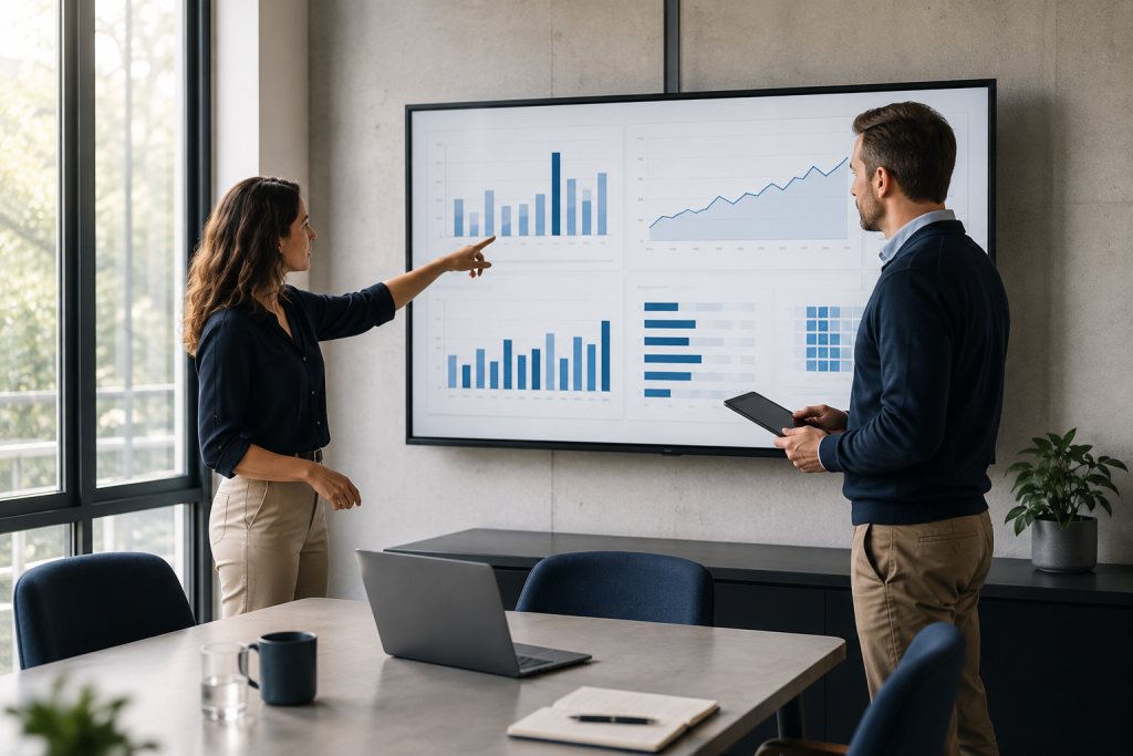 Manager and analyst discuss a dashboard with charts and point to an outlier.