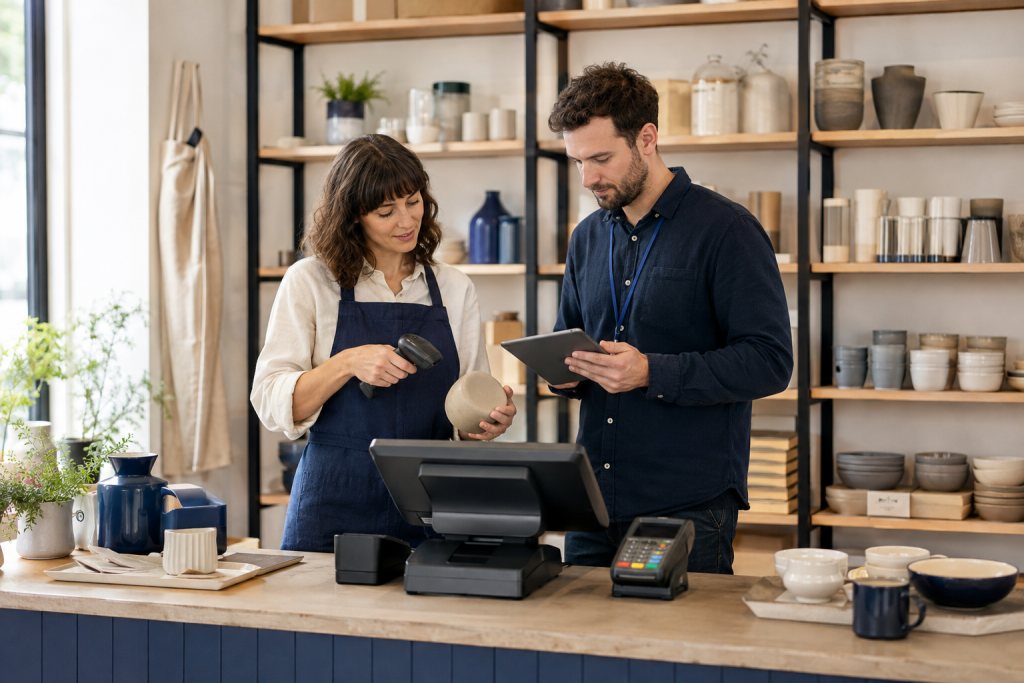 Winkelmedewerker scant een product bij de kassa terwijl een specialist de voorraad op een tablet controleert.