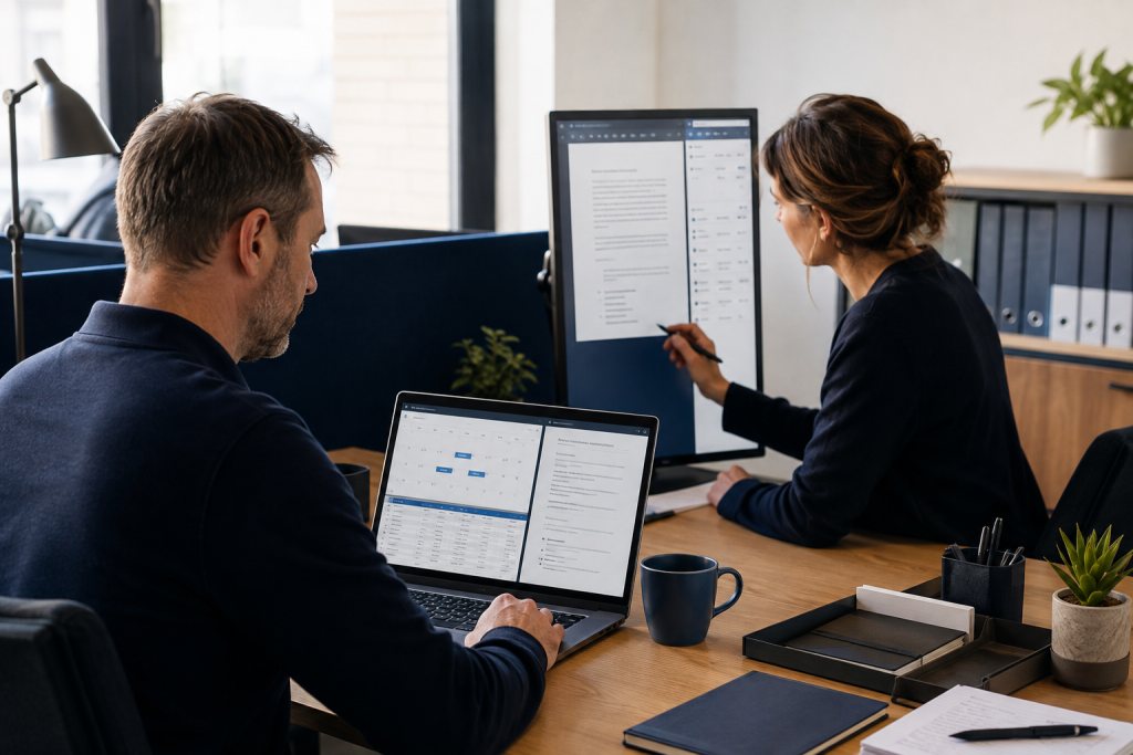 Projectmedewerkers bekijken een projectplanning en gedeelde documenten op twee werkplekken.