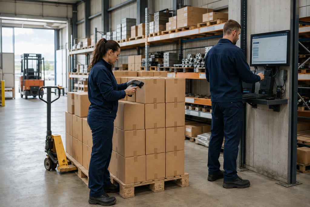 Logistiek medewerker scant ontvangen dozen terwijl een collega de goederenontvangst op een terminal controleert.