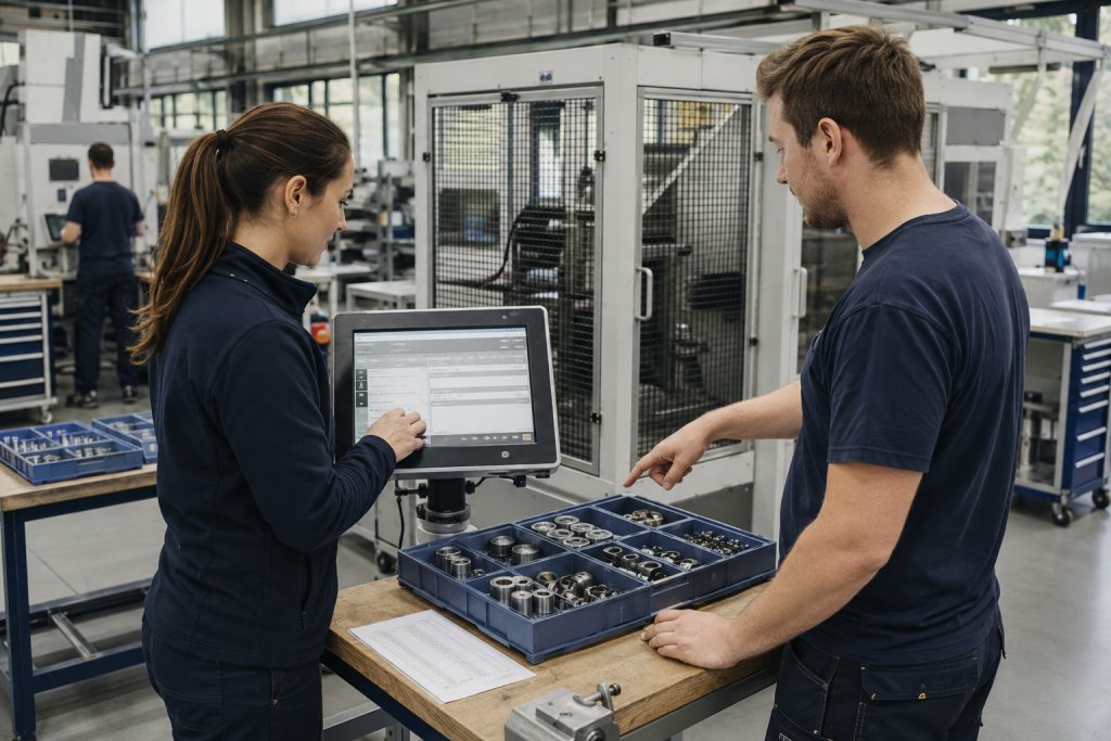 Planner en technicus bekijken een productieorder op een terminal naast onderdelen in een werkplaats.
