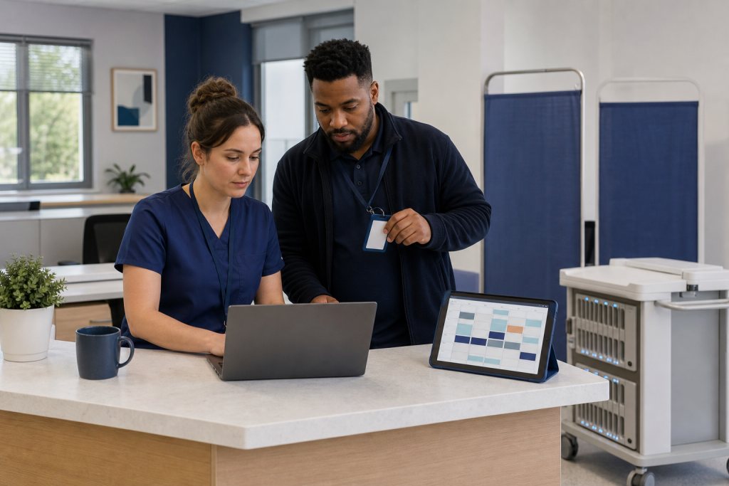 Care coordinator and IT specialist test a shared workstation and tablet at a care desk.