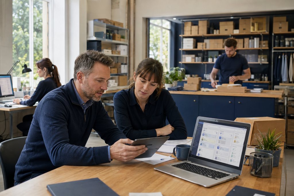 Adviseur bekijkt een werkproces in een bedrijfsruimte met kantoorwerkplekken en een productwerkbank.