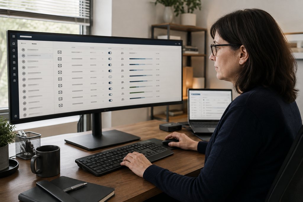 Beheerder controleert een e-mailbeheeromgeving met mailboxen en toegangsinstellingen.