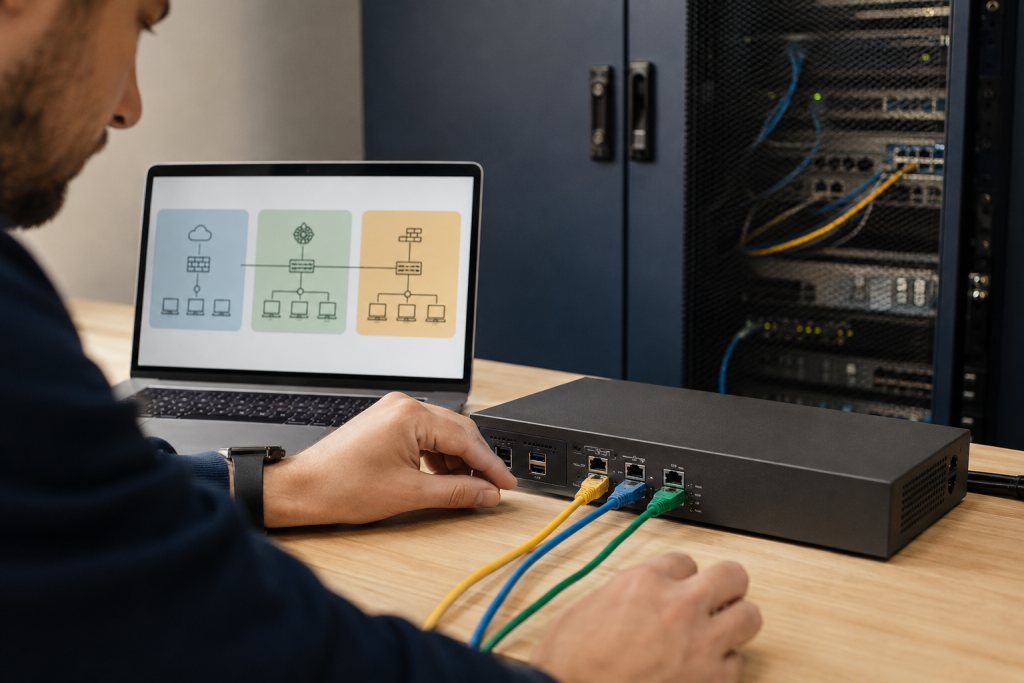 Specialist connects network cables to a firewall beside a laptop showing separated network zones.