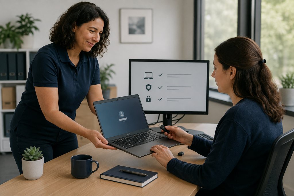 Medewerker test een ingerichte laptop met een beveiligingssleutel tijdens een overdracht.