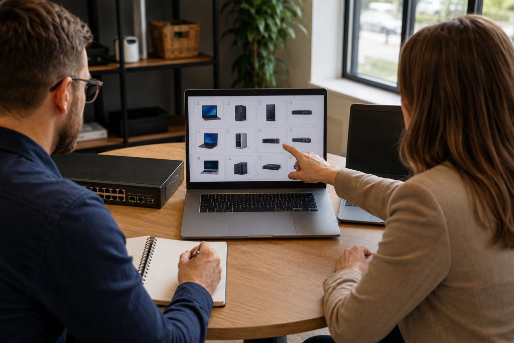 Adviseur en ondernemer inventariseren ICT-apparaten met een laptop en netwerkswitch op tafel.