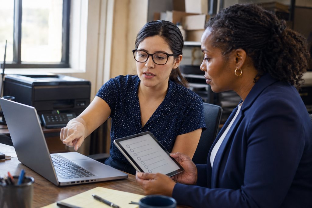 Employee discusses a laptop issue with an advisor using a questionnaire on a tablet.