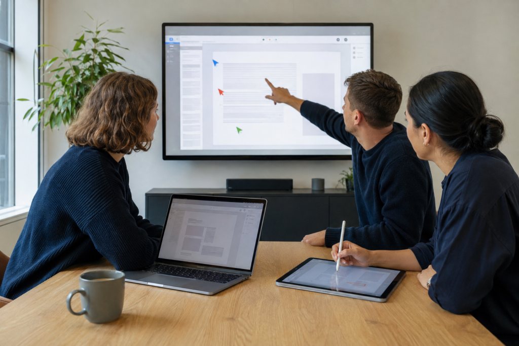 Colleagues work on the same document on a large display, laptop and tablet.
