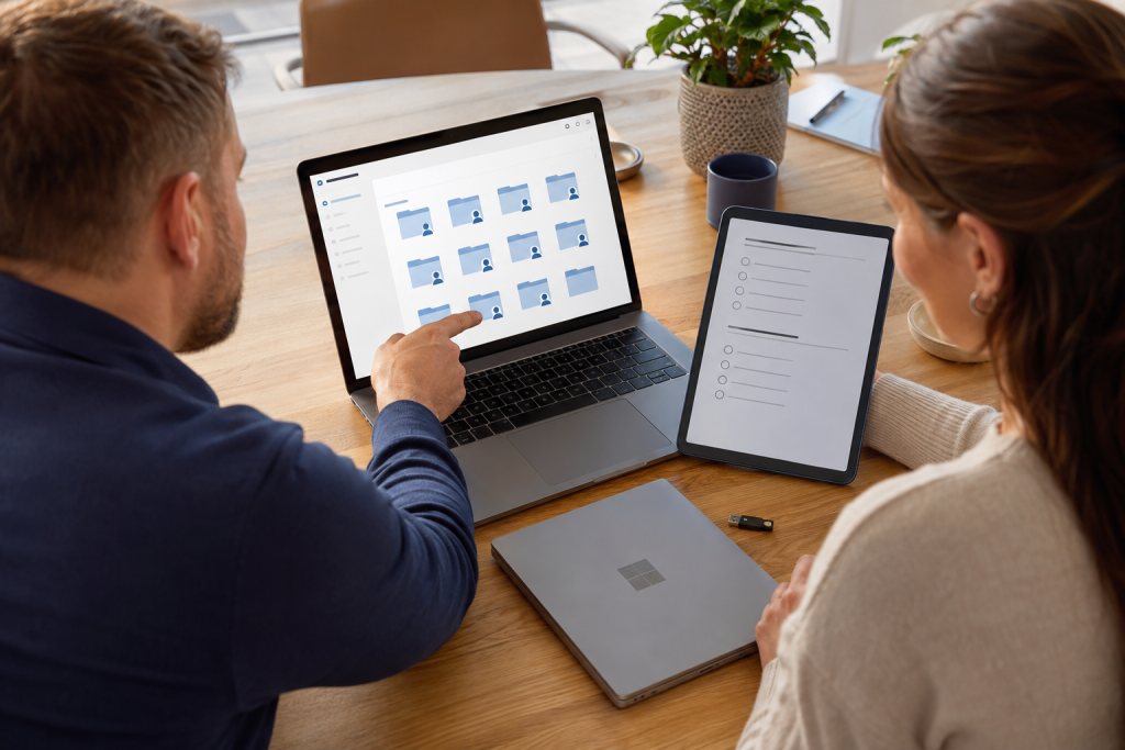 Teamleider en adviseur bespreken documenttoegang en een vragenlijst naast een laptop met beveiligingssleutel.