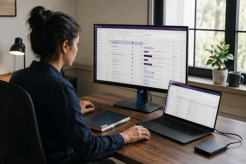 Applicatiebeheerder vergelijkt een softwareoverzicht op een monitor met een aparte sessie op een laptop.