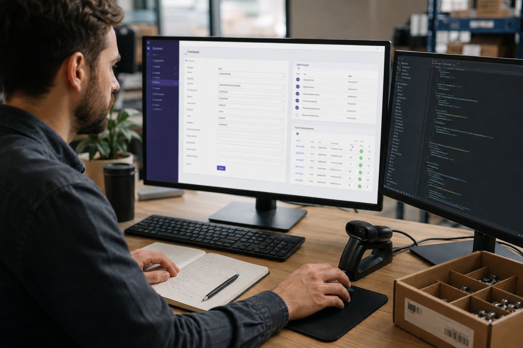 Ontwikkelaar werkt aan een applicatieformulier en tests, naast code, een scanner en een onderdelenbak.