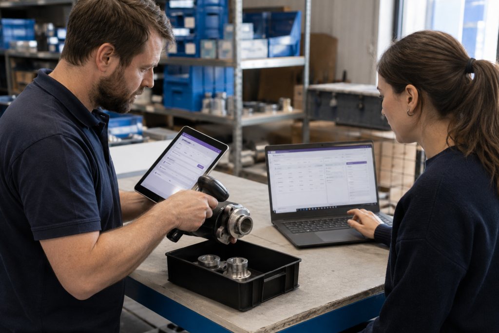 Magazijnmedewerker test een aangepaste invoer met een scanner terwijl een tester het resultaat controleert.