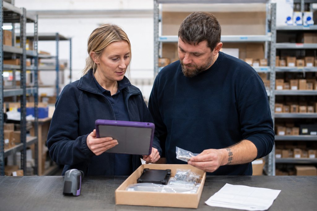 Administratie en magazijn vergelijken een order op een tablet met de verzamelde artikelen.