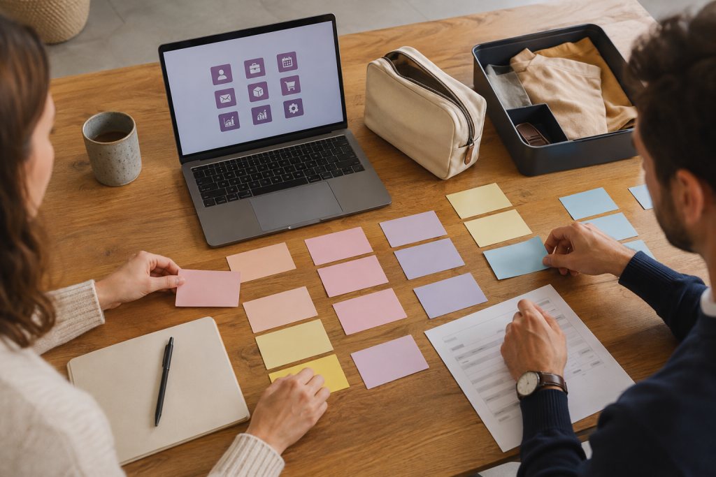 Two professionals plan processes and software modules using cards, a laptop and a sample product.