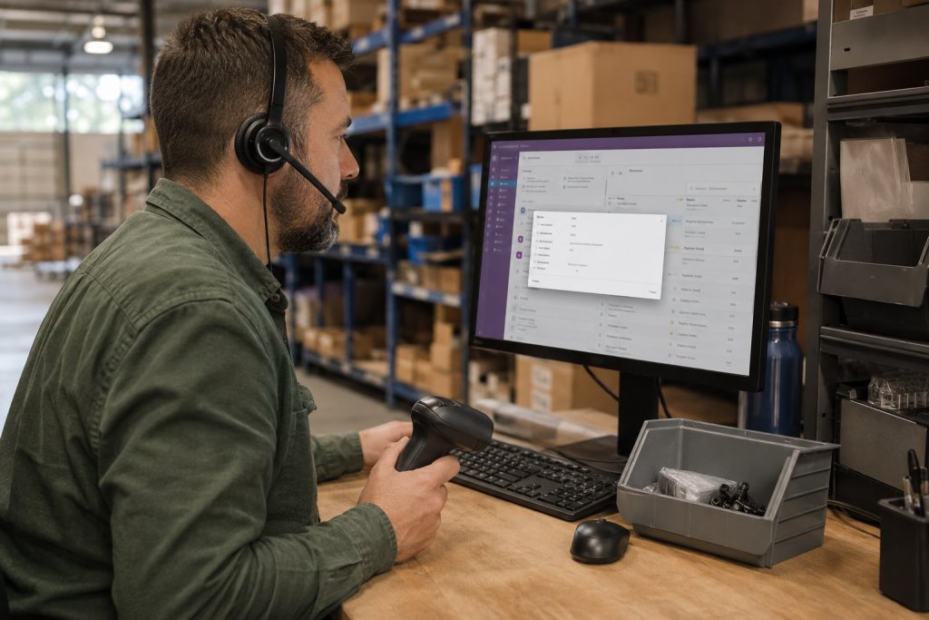 Medewerker met headset controleert een order op een scherm naast een scanner en onderdelenbak.