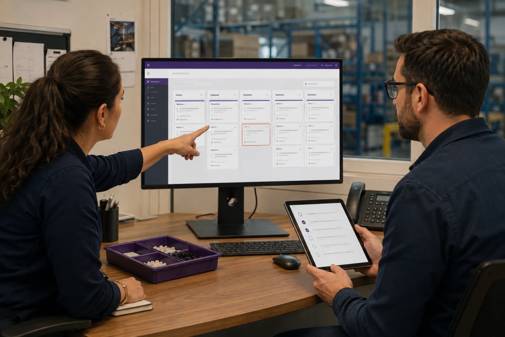 Manager en consultant bespreken een order in een bedrijfsapplicatie met een vragenlijst op een tablet.
