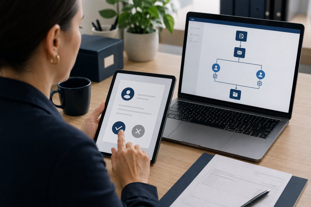 Medewerker beoordeelt een factuur op een tablet naast een laptop met een goedkeuringswerkstroom.
