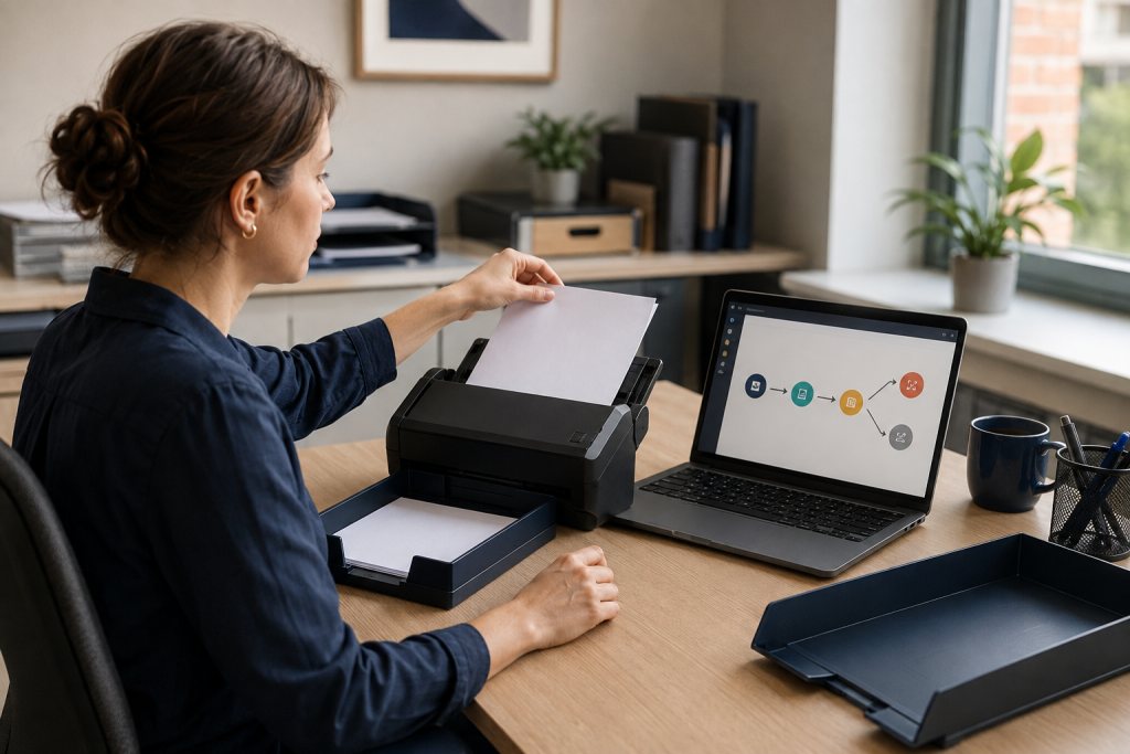 Administratief medewerker scant een document naast een laptop met een geautomatiseerde werkstroom.