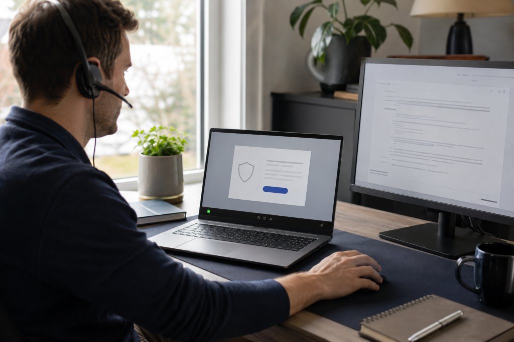 Employee starts a support session on a laptop and talks through a headset.