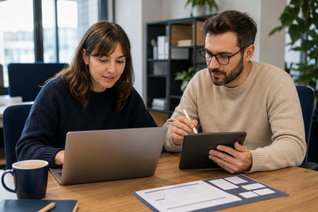 Gebruiker werkt op een laptop terwijl een tester aantekeningen maakt op een tablet.