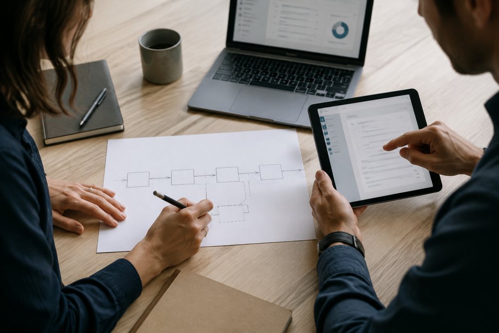 User and software advisor compare a workflow sketch with an existing application on a tablet.