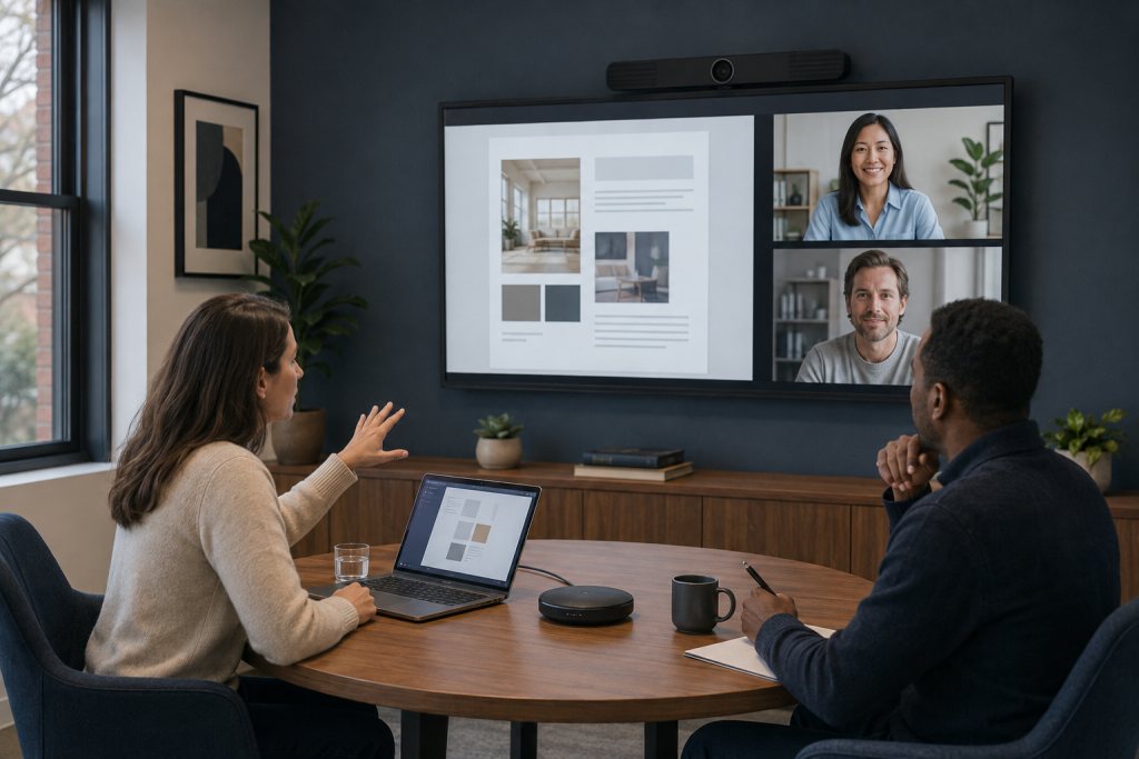 Twee collega’s overleggen aan tafel met deelnemers op een videoscherm en een gedeeld document.