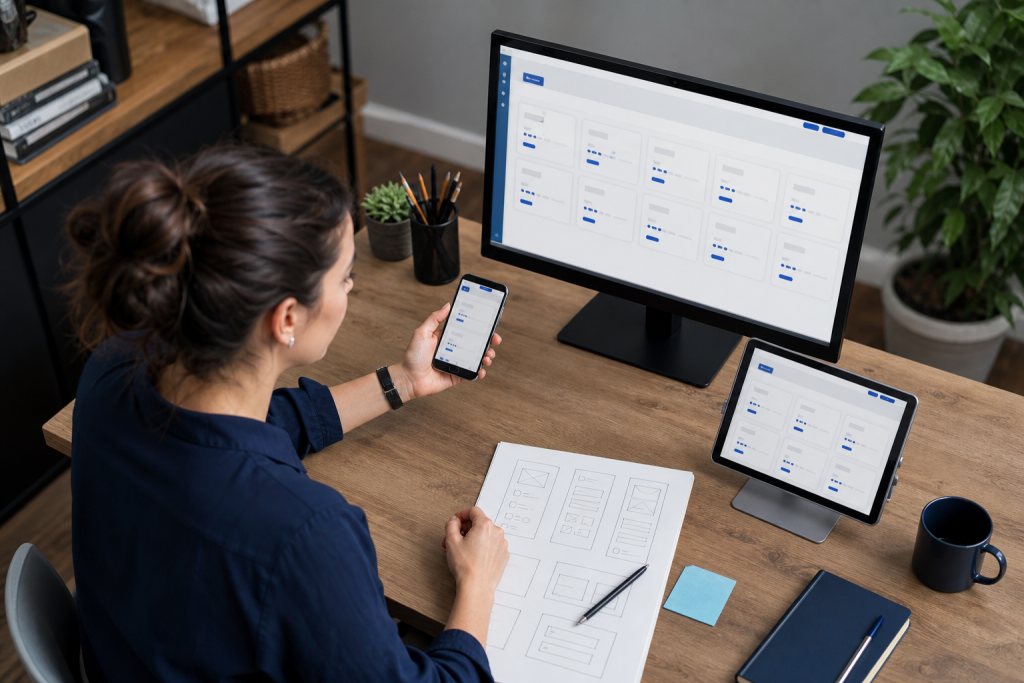 Developer compares a customer portal on a monitor, tablet and phone.