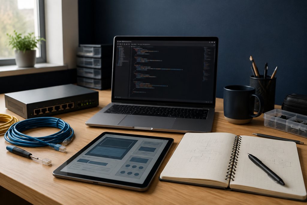 Werkbank met een laptop, applicatieprototype, netwerkswitch en kabels.