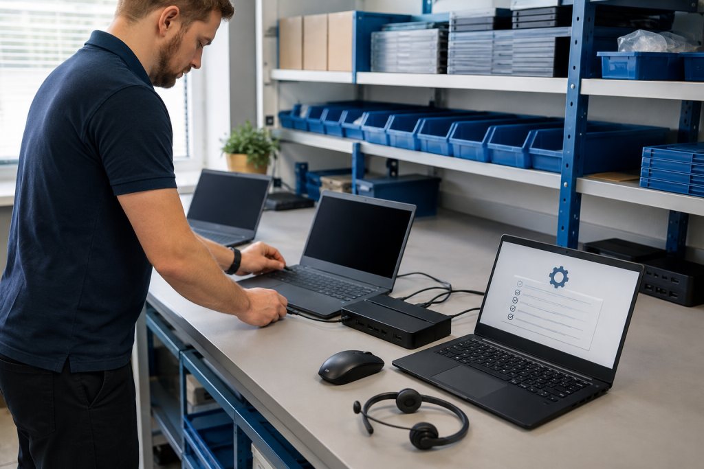 Technicus richt laptops in op een werkbank met een dockingstation, headset en muis.