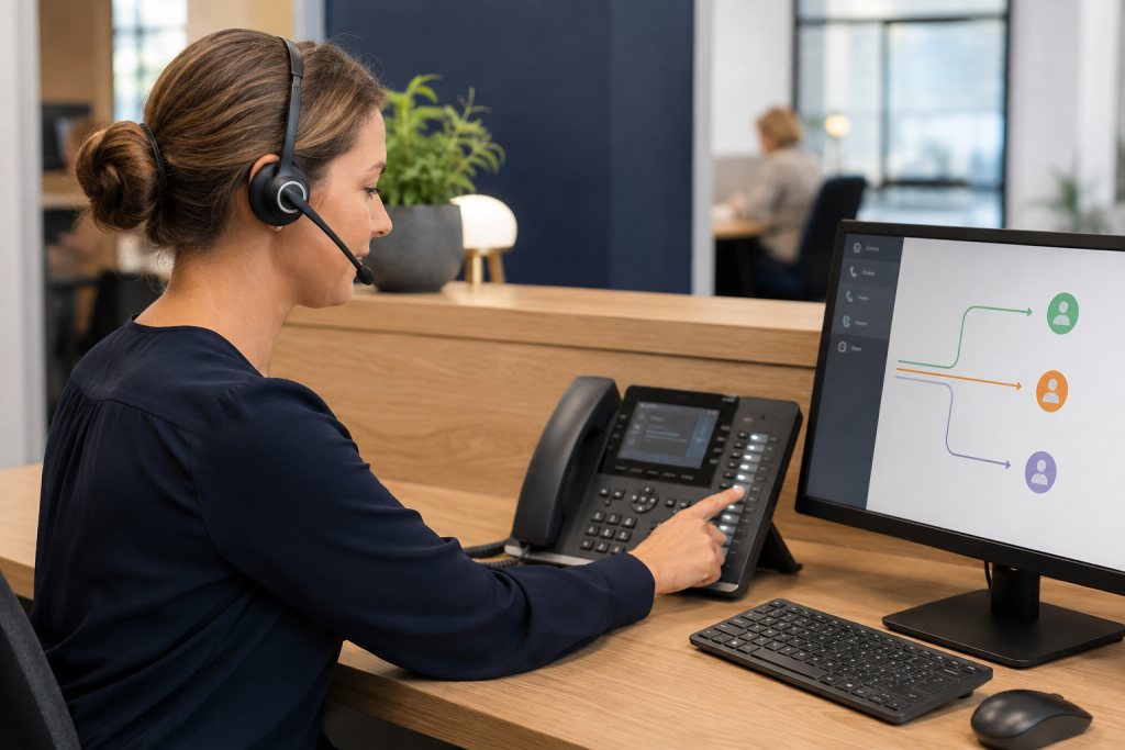 Medewerker bedient een bureautelefoon naast een scherm met een belroute en draagt een headset.
