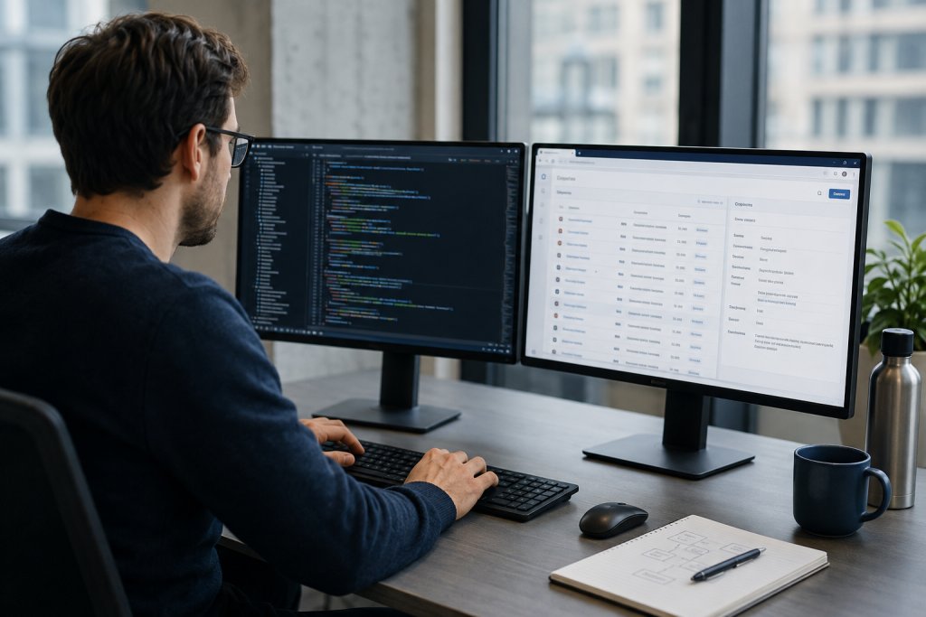 Softwareontwikkelaar werkt met applicatiecode op één scherm en een zakelijke webapplicatie op een tweede scherm.