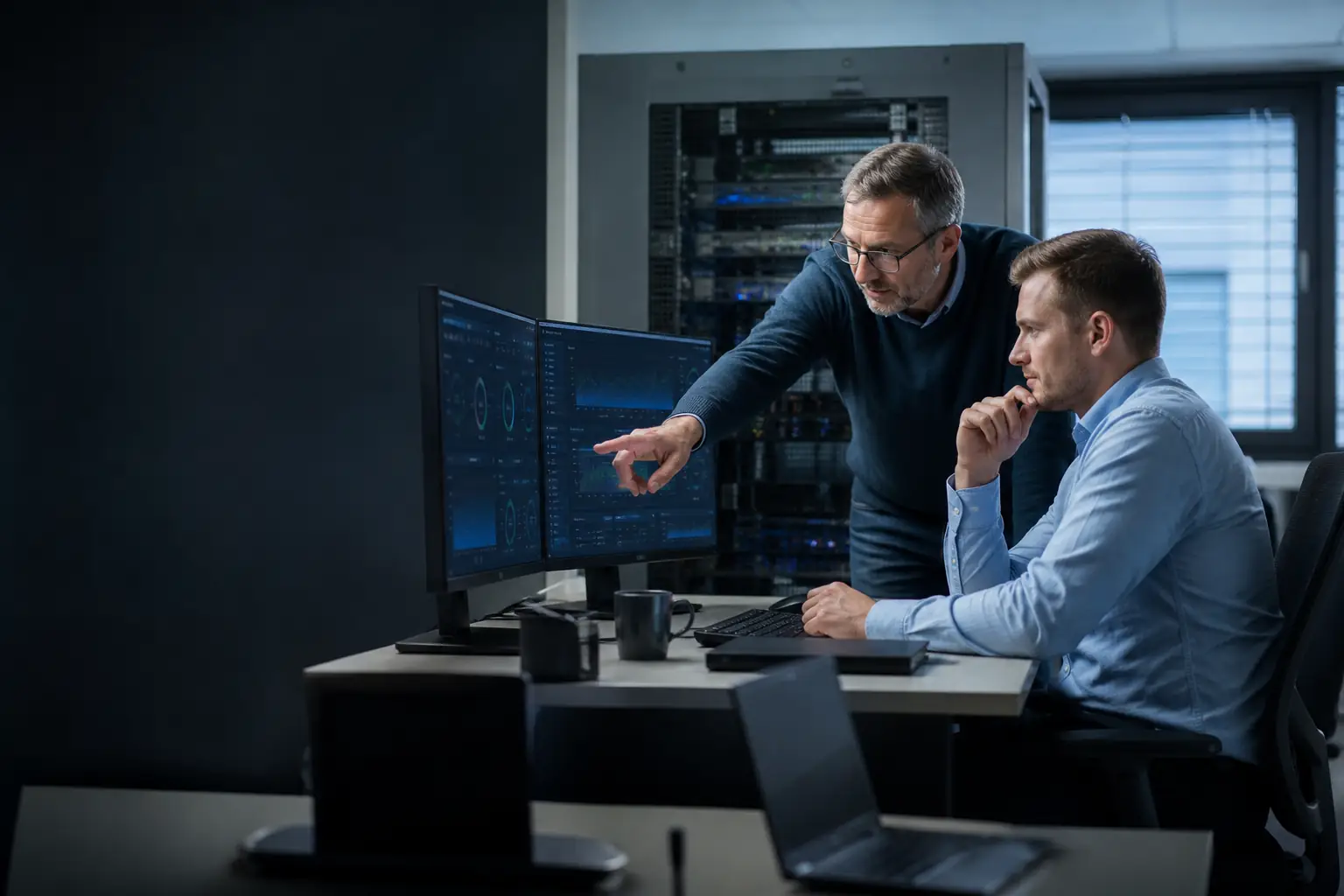 ICT-specialist bespreekt beheer en monitoring met een bedrijfsverantwoordelijke