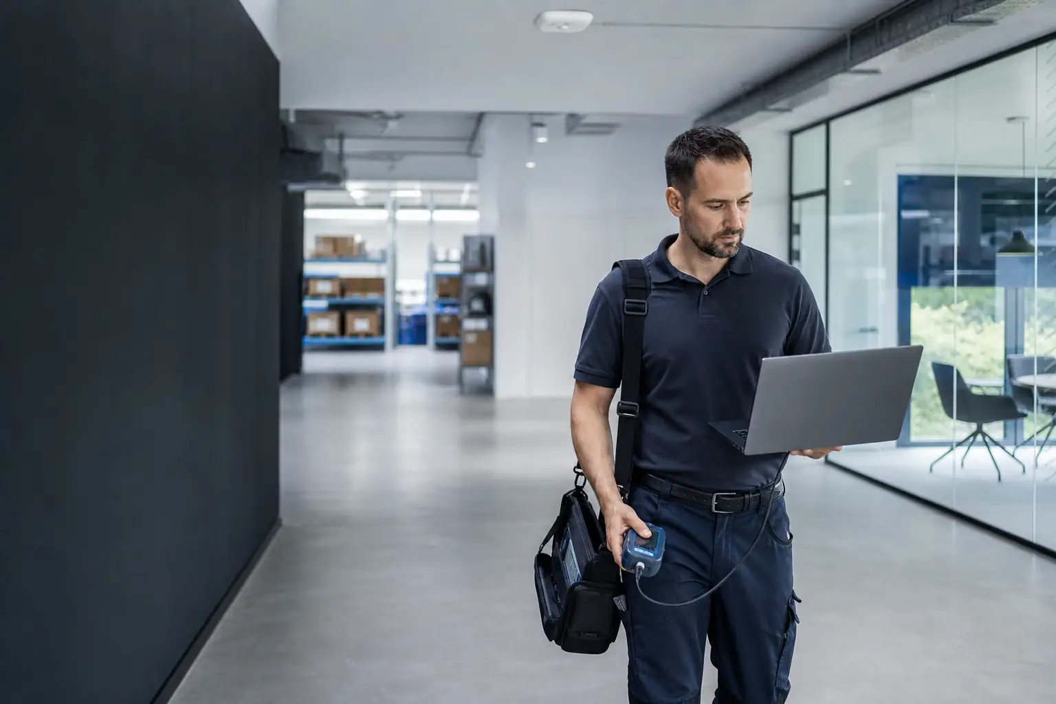 Network engineer performing a business WiFi survey in a working environment